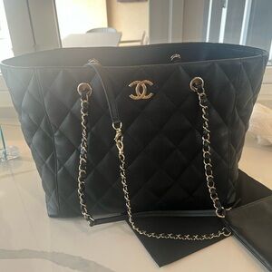 CHANEL Black Quilted Tote with Gold Accents